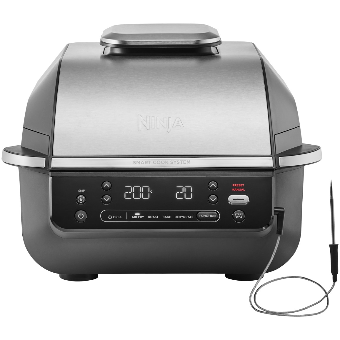 Gratar electric si airfryer Ninja Foodi AirGrill EG351EU, 1760 W, functie friteuza aer cald, 5 functii, 40°- 265°C, display digital, invelis ceramic, termometru digital, negru-argi
