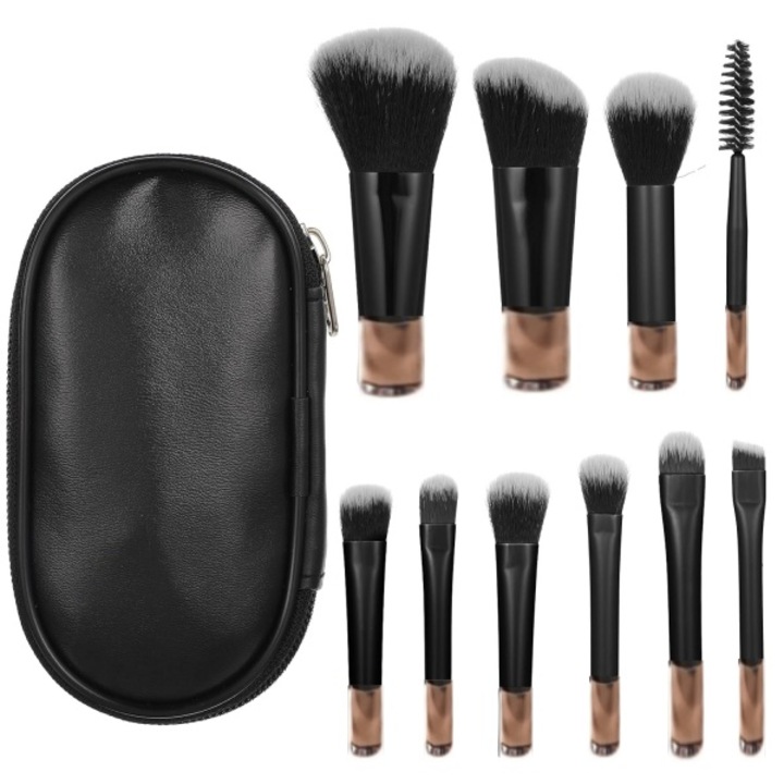 Set de 10 pensule de machiaj, set portabil de pensule de machiaj pentru calatorii, cu peri din fibra ultrafina, potrivit pentru femei si fete, culoare neagra