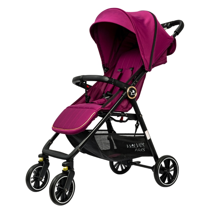 VelvetKids AirDream – Carucior Ultrausor si Compact (5, 3 kg), Suporta 22 kg, Bretea umar pentru transport facil, Compatibil avion, Plasa anti-insecte, Pozitie de somn, Roz