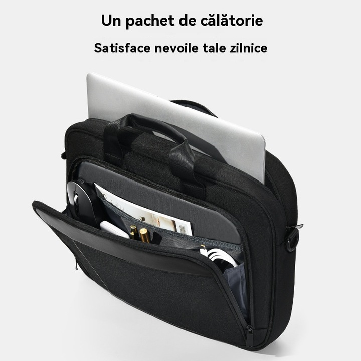 Geanta Messenger Laptop Impermeabila Crossbody, Geanta de Umar Unisex Profesionala Calatorie Birou, 15.6", Negru