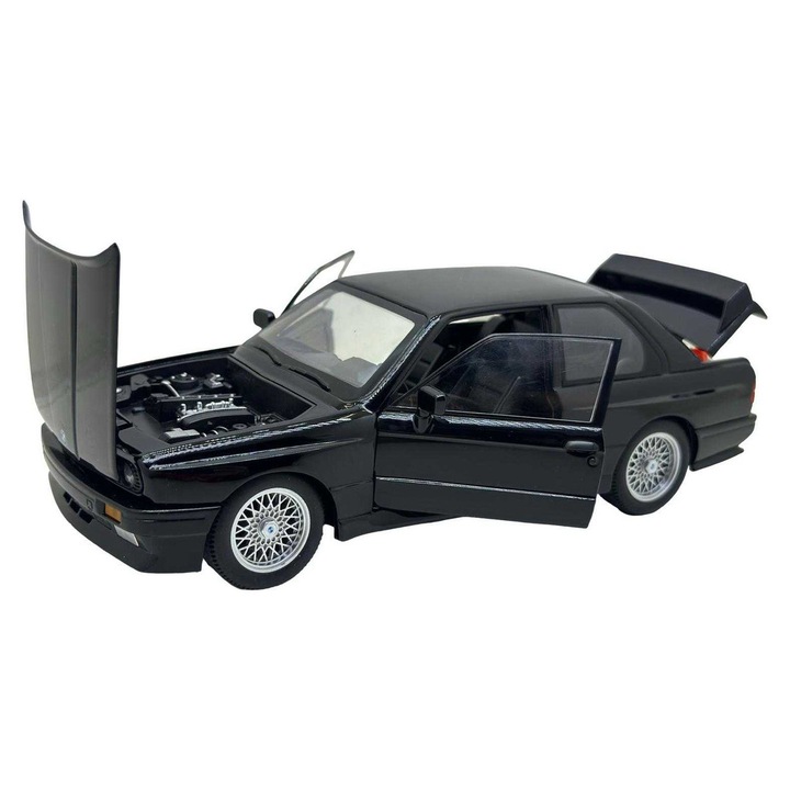 Macheta BMW E30 M3 negru ursulet 1:24 cu sunet, lumini, pornire pe volan, resort