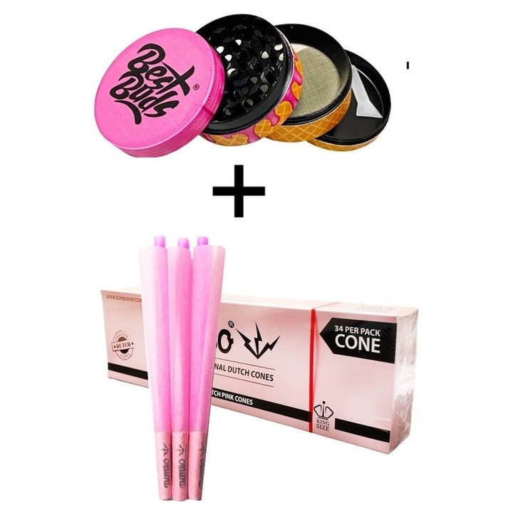 Комплект грайндер, модел сладолед Best Buds, розово-жълт метален конус, 4 части, Ø50 мм + предварително навити, големи розови, първокласни конуси от коноп, King Size x34