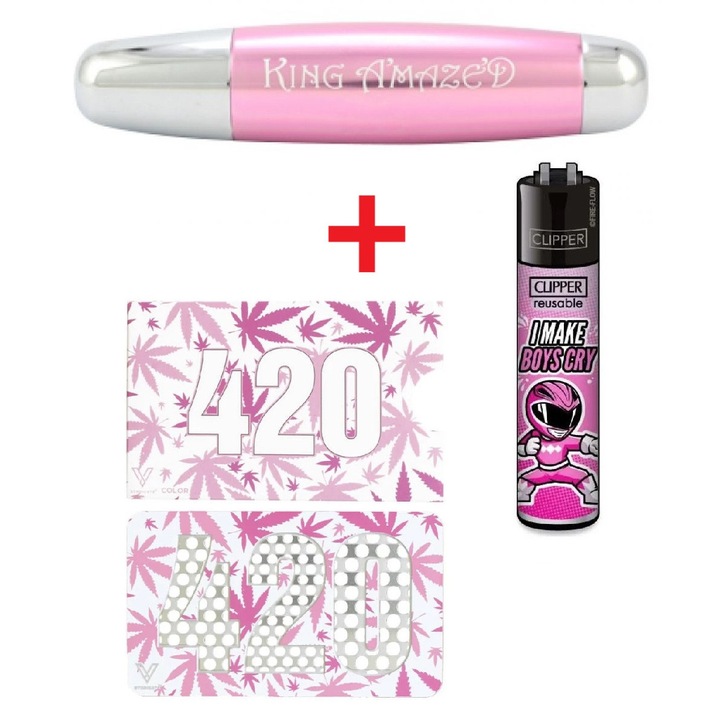 Set Pipa aluminiu anodizat King Amazed Pure Pipe xxxl roz 15cm + Grinder card plante/tutun V Syndicate 420 roz otel inoxidabil, cu acoperire anti-aderenta, 8.5 x 5 cm + Bricheta Clipper slogan I make boys cry roz