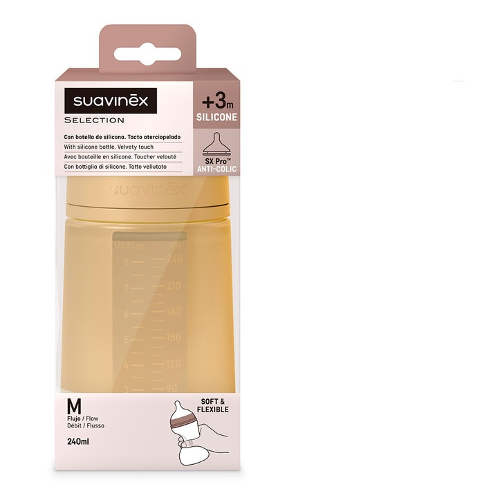 Szilikon flakon, 240ml, Colour Essence SX Pro közepes átfolyású, Suavinex, sárga
