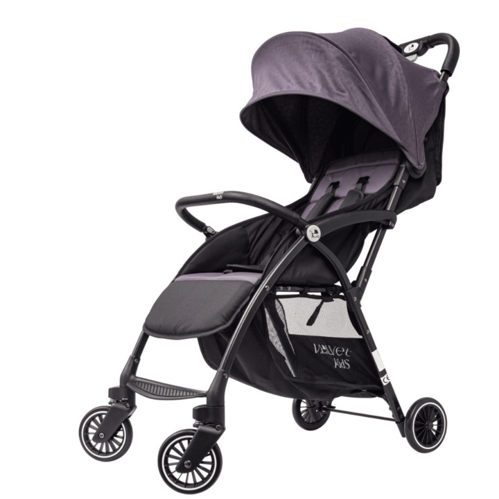 VelvetKids AirHug - Carucior Ultrausor si Compact (4,6 kg), Suporta 22kg, Bretea umar pentru transport facil, Compatibil avion, Plasa anti-insecte, Pozitie de somn, Gri