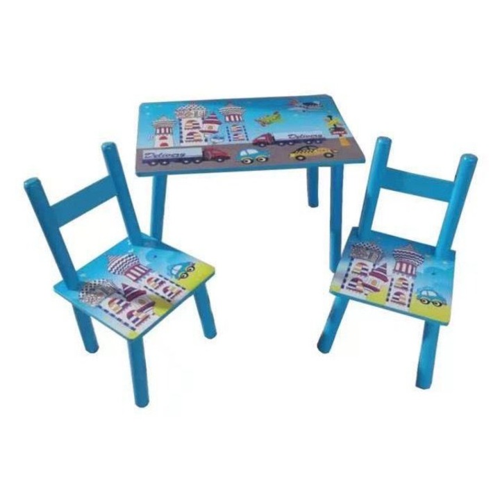 Gyerekasztal és 2 szék szett, MDF-ből, Méretek 59x39x40 cm, Verdák modell, Szín Kék