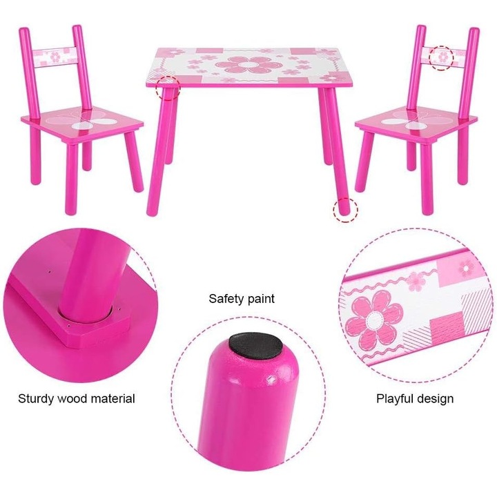 Set masuta cu 2 scaune pentru copii, din MDF, Dimensiuni 59x39x40 cm, Model Fluture, Culoare Ciclam