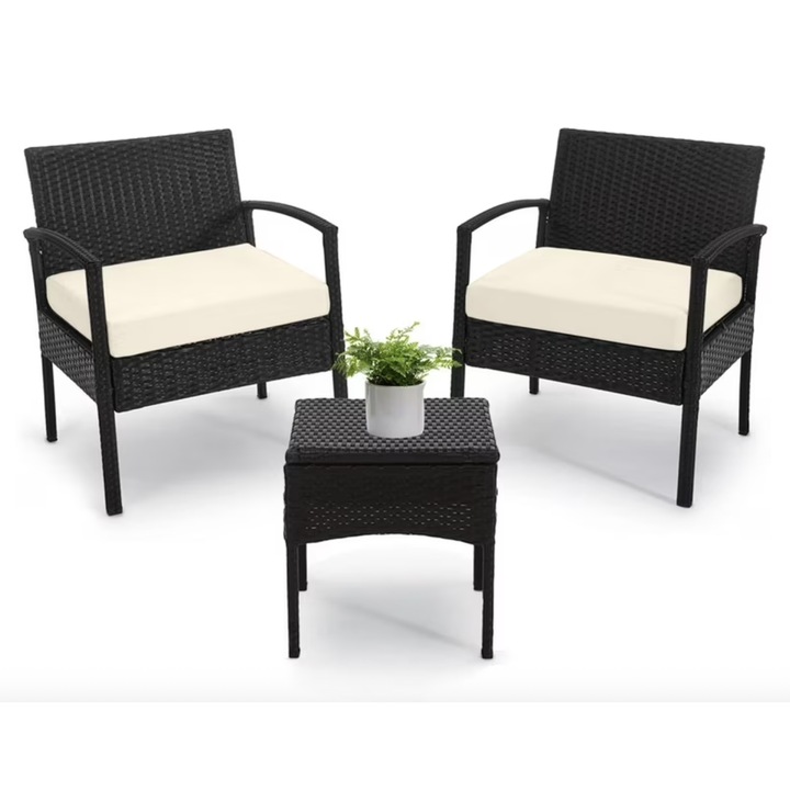 Set mobilier gradina/terasa, poliratan, Crem cu perne incluse 1 masa, 2 fotolii