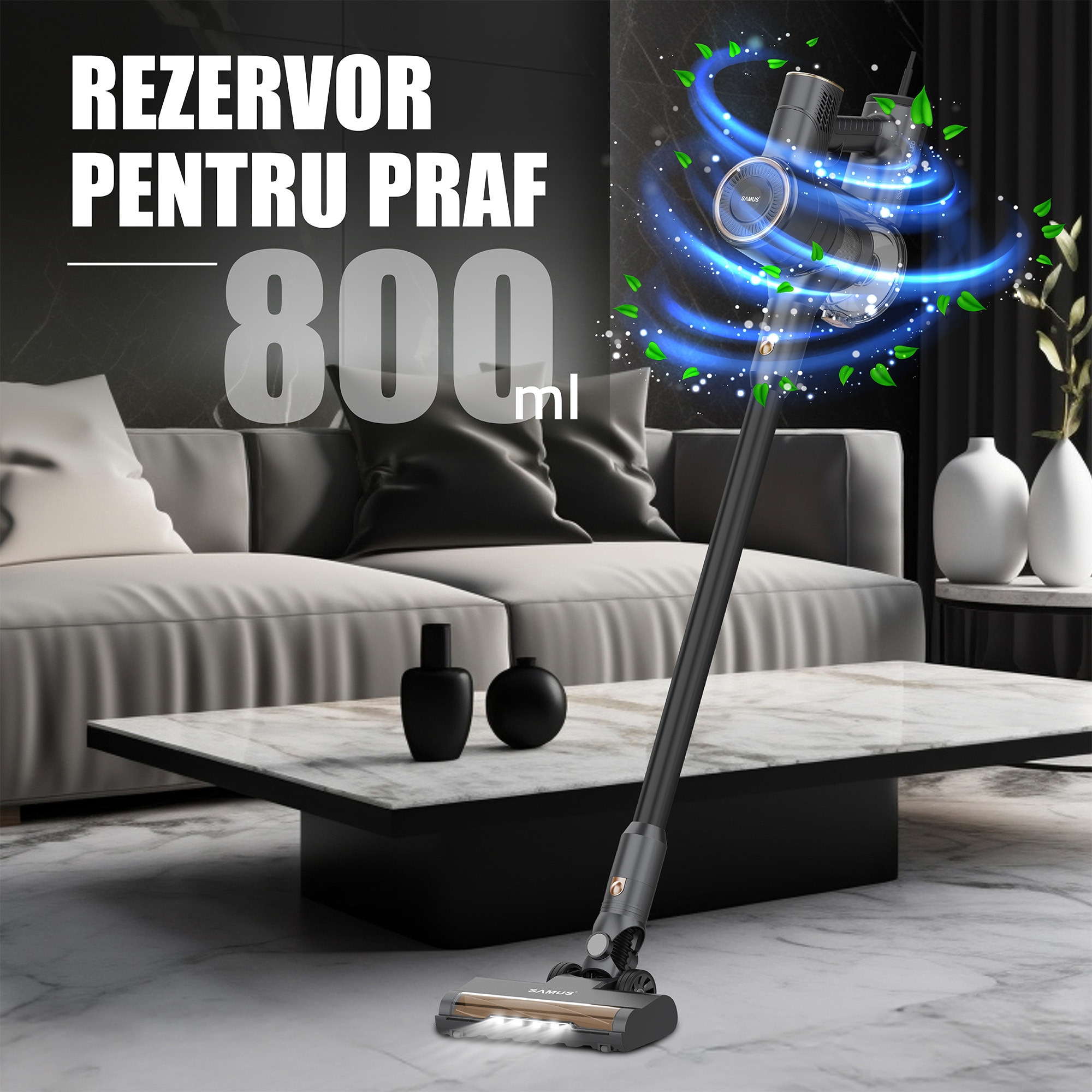 Aspirator vertical 2 in 1 Samus Sticky 61 Eco Gold Led, Putere