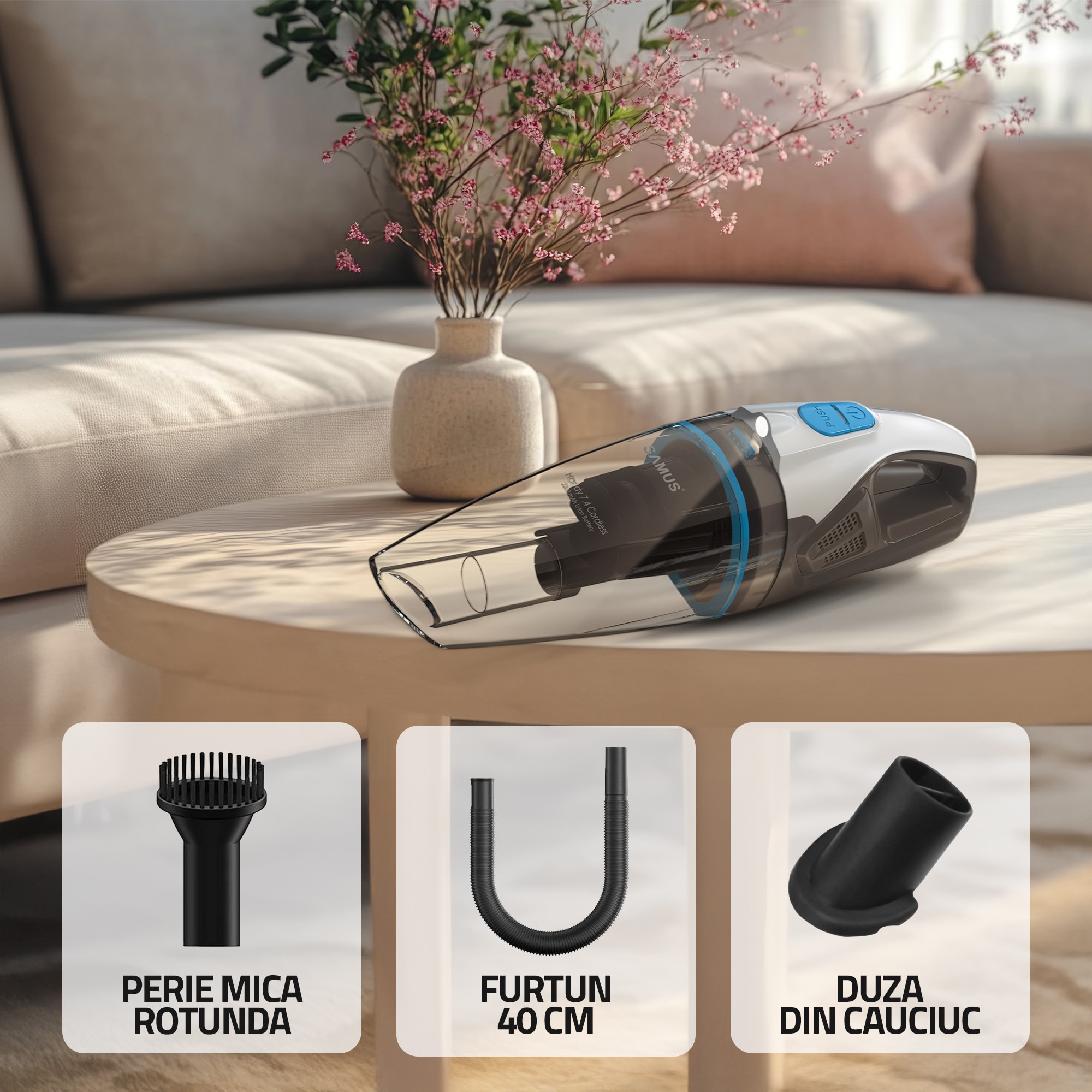 Aspirator de mana Samus Handy 7.4 Cordless, Putere 50W, Putere aspirare 5 Kpa, Aspirare umeda si uscata, Acumulator Li-Ion 7.4 V 2200 mAh, Timp de operare 20 min, Recipient 500 ml