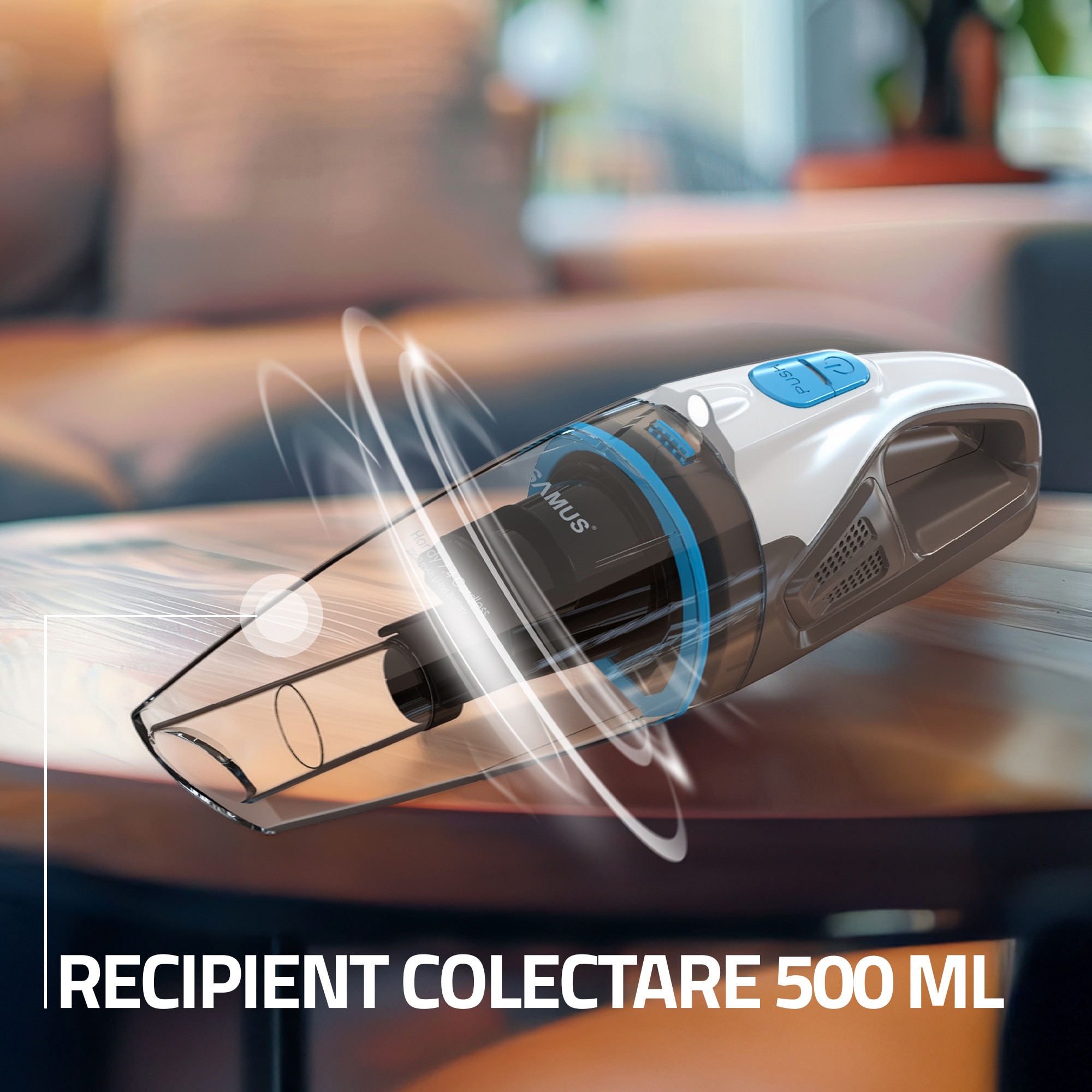 Aspirator de mana Samus Handy 7.4 Cordless, Putere 50W, Putere aspirare 5 Kpa, Aspirare umeda si uscata, Acumulator Li-Ion 7.4 V 2200 mAh, Timp de operare 20 min, Recipient 500 ml