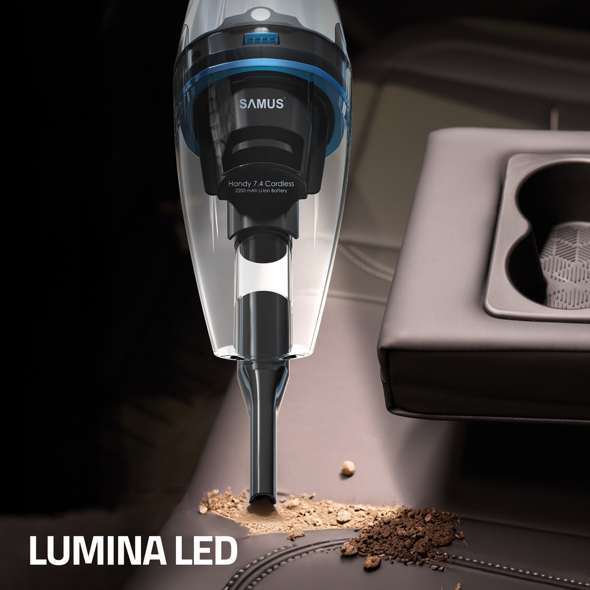 Aspirator de mana Samus Handy 7.4 Cordless, Putere 50W, Putere aspirare 5 Kpa, Aspirare umeda si uscata, Acumulator Li-Ion 7.4 V 2200 mAh, Timp de operare 20 min, Recipient 500 ml