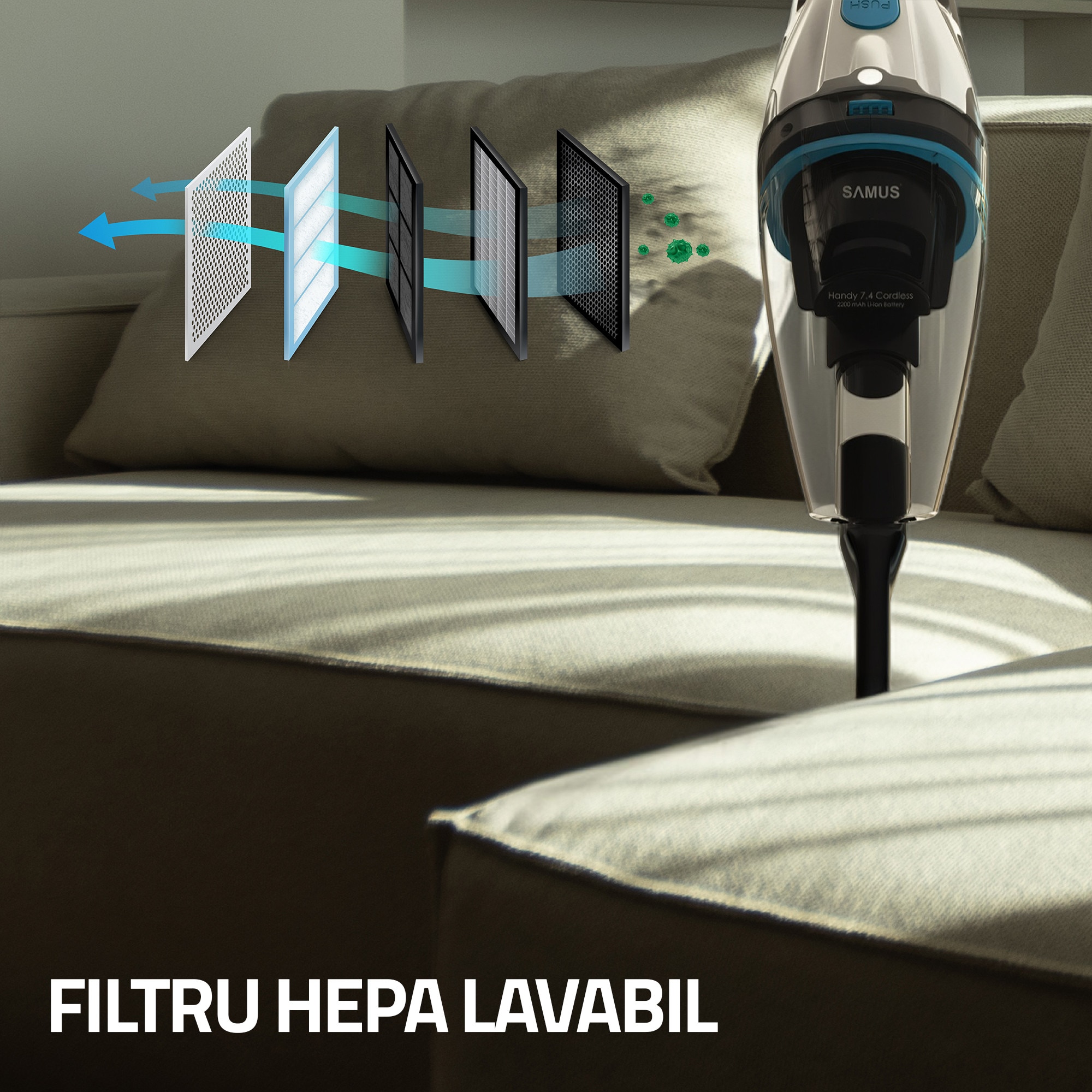 Aspirator de mana Samus Handy 7.4 Cordless, Putere 50W, Putere aspirare 5 Kpa, Aspirare umeda si uscata, Acumulator Li-Ion 7.4 V 2200 mAh, Timp de operare 20 min, Recipient 500 ml