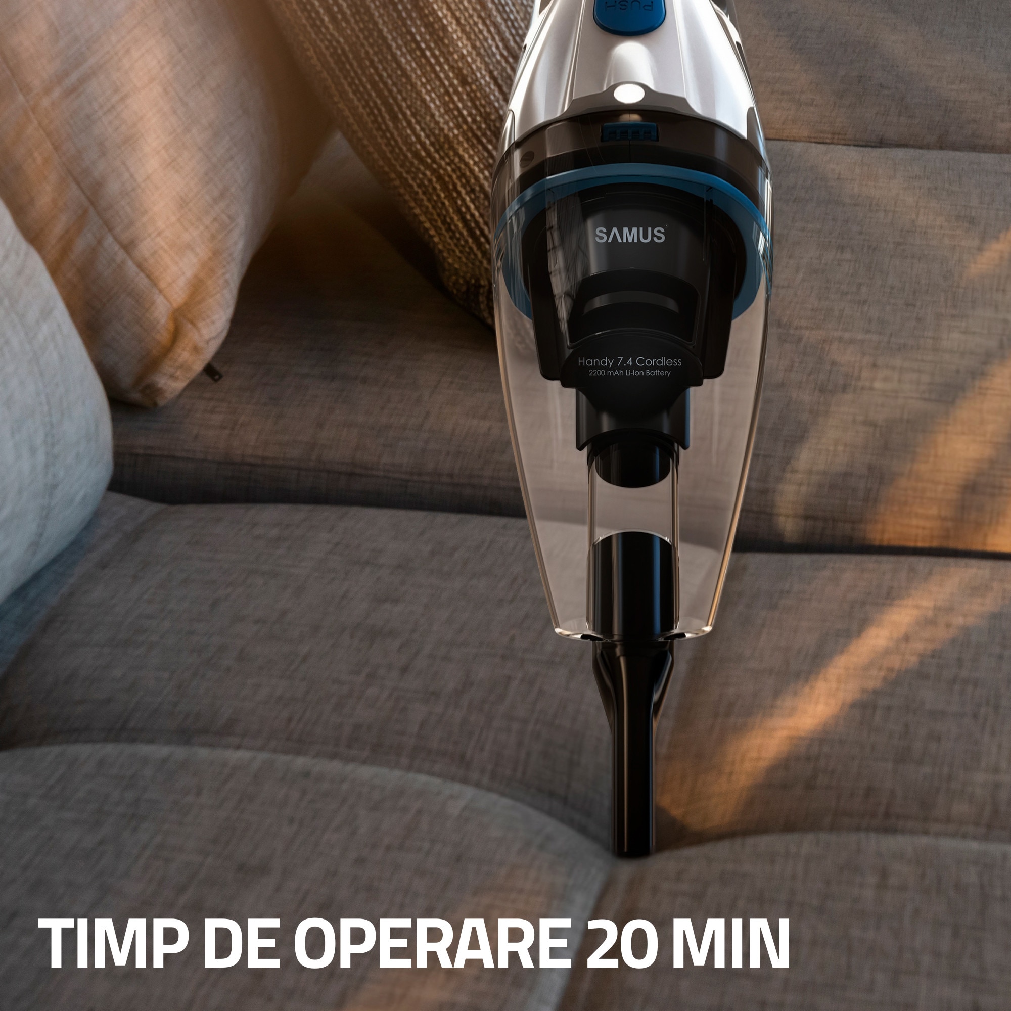 Aspirator de mana Samus Handy 7.4 Cordless, Putere 50W, Putere aspirare 5 Kpa, Aspirare umeda si uscata, Acumulator Li-Ion 7.4 V 2200 mAh, Timp de operare 20 min, Recipient 500 ml
