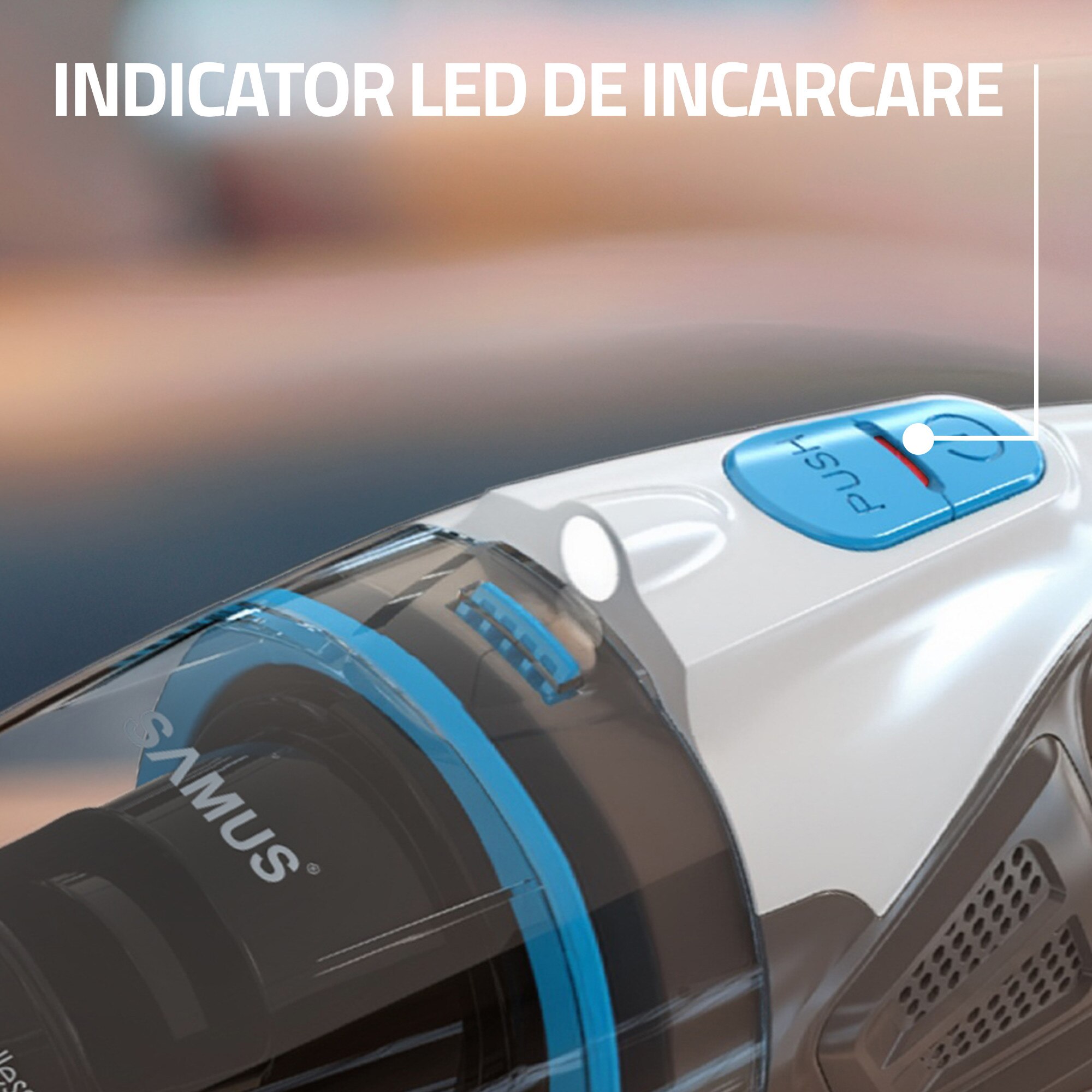 Aspirator de mana Samus Handy 7.4 Cordless, Putere 50W, Putere aspirare 5 Kpa, Aspirare umeda si uscata, Acumulator Li-Ion 7.4 V 2200 mAh, Timp de operare 20 min, Recipient 500 ml