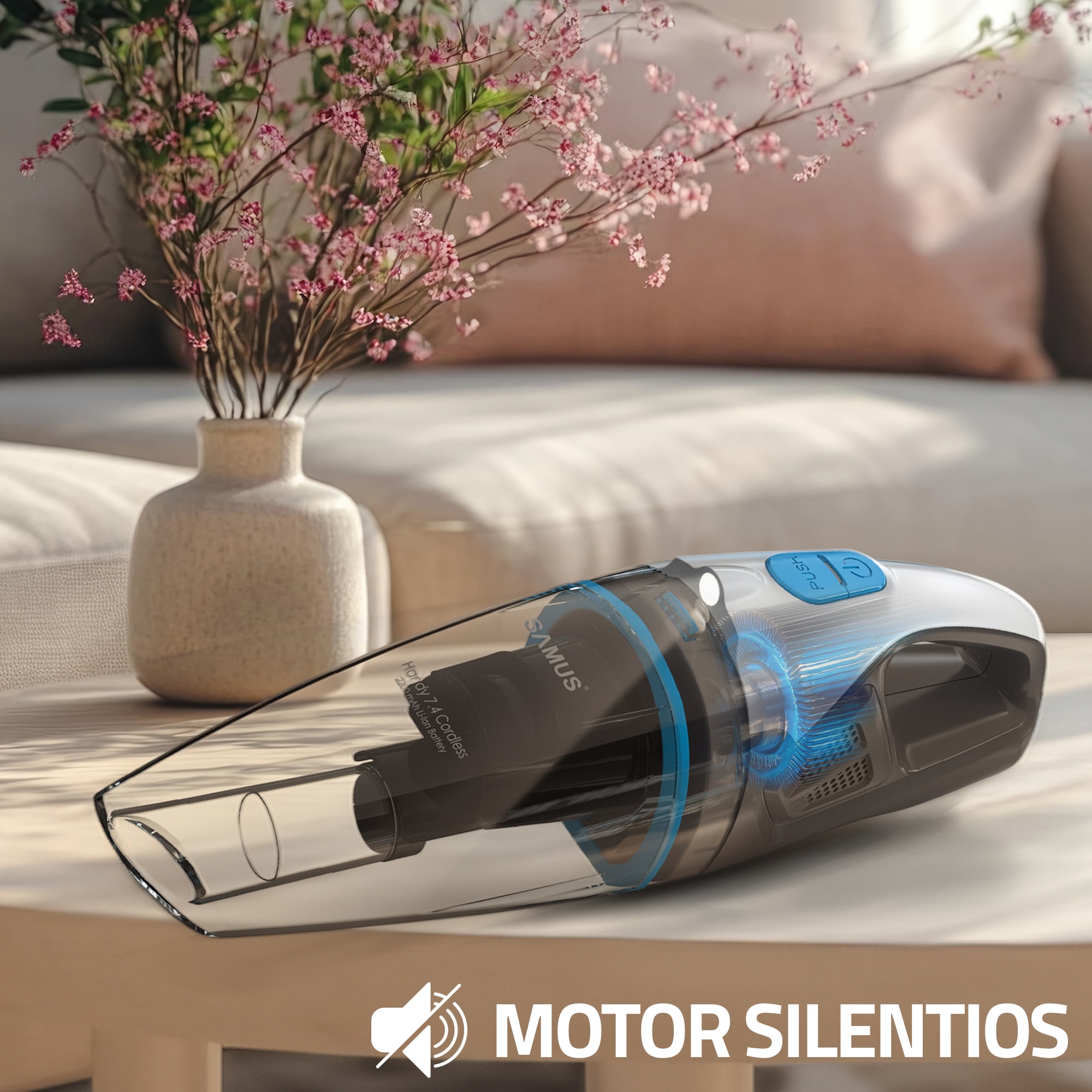 Aspirator de mana Samus Handy 7.4 Cordless, Putere 50W, Putere aspirare 5 Kpa, Aspirare umeda si uscata, Acumulator Li-Ion 7.4 V 2200 mAh, Timp de operare 20 min, Recipient 500 ml