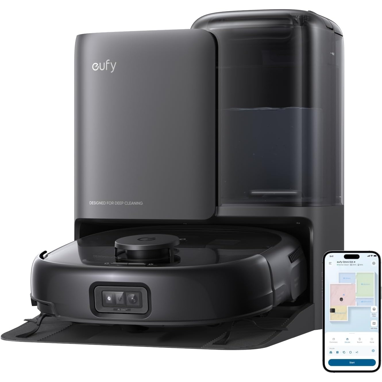 Aspirator robot eufy E25 Omni cu mop, sistem 20,000 Pa, sistem HydroJet, statie All-in-one, Sac de praf de 3L, Rezervor de apa de 2.5L, AI, Control prin aplicatie, Negru