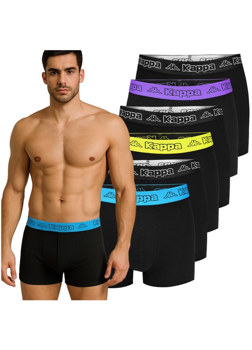 Set 6 Boxeri Barbati, Kappa, Banda elastica cu logo, Clasici, Bumbac, Multicolor, Negru