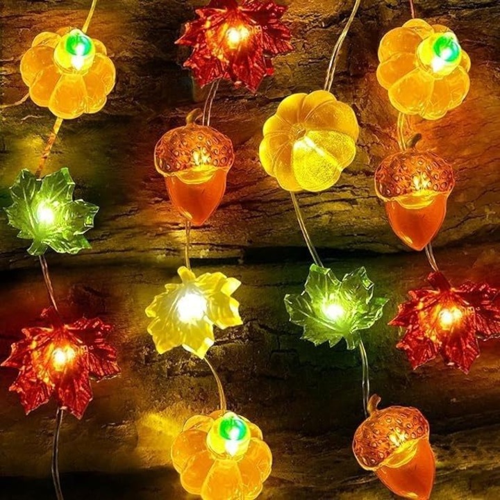 PHIKER Party dekorációs lámpák, 50 LED-es szett, juharlevelek és tökök, beltéri/kültéri, meleg világítás