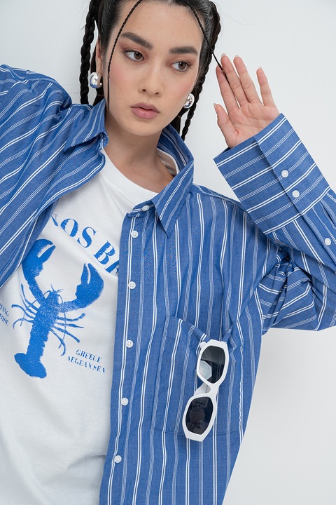 Gina Tricot, Camasa supradimensionata din amestec de bumbac organic cu buzunar pe piept, Alb/Albastru inchis