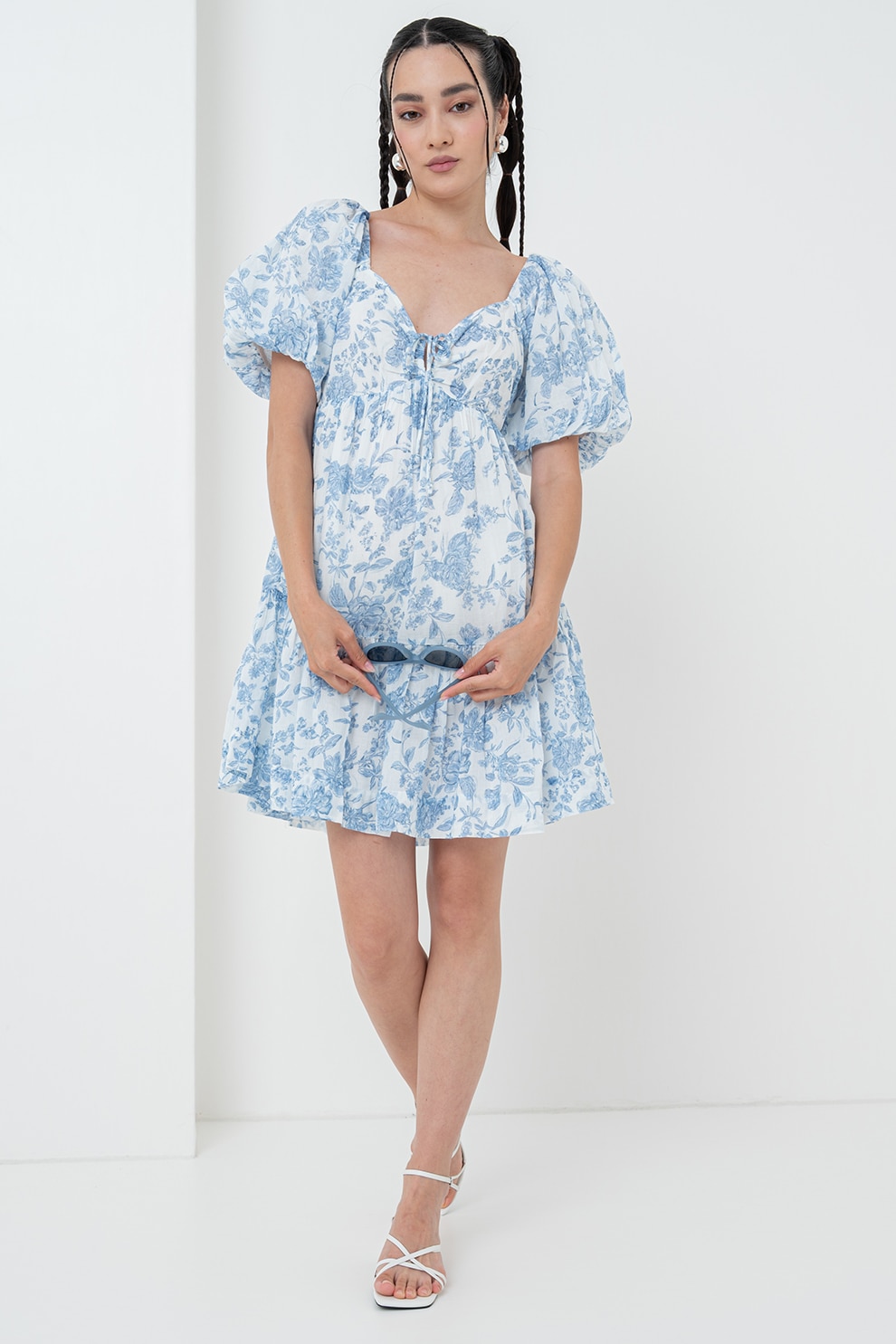 Gina Tricot, Rochie scurta evazata cu maneci bufante si model, Albastru, M