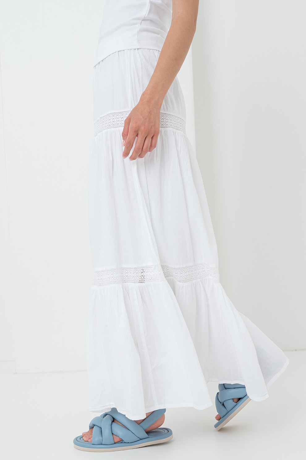 Gina Tricot, Fusta lunga cu talie inalta si volan, Alb, M