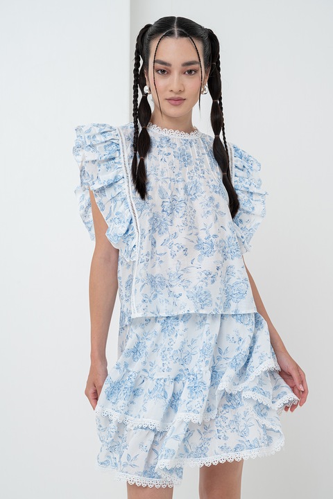 Gina Tricot, Bluza lejera cu maneci scurte cu volane, Albastru