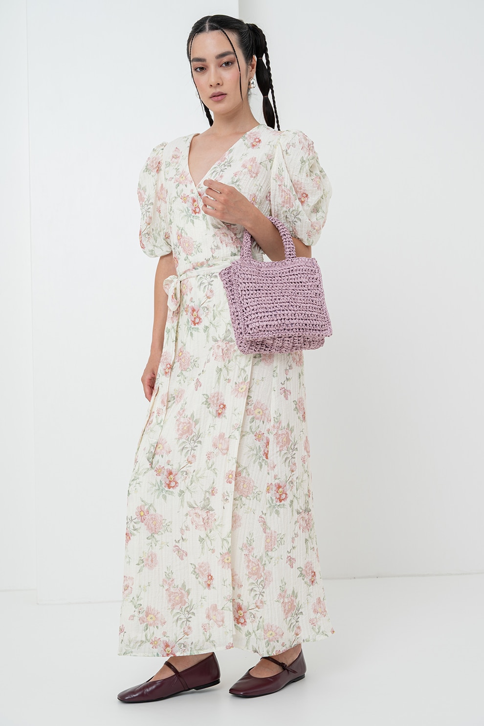 Gina Tricot, Rochie maxi cu cordon in talie, maneci bufante si model floral, Verde prafuit, Roz prafuit, 40