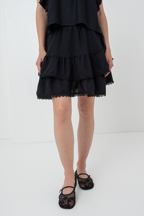 Gina Tricot, Fusta mini cu detalii brodate si volan, Negru