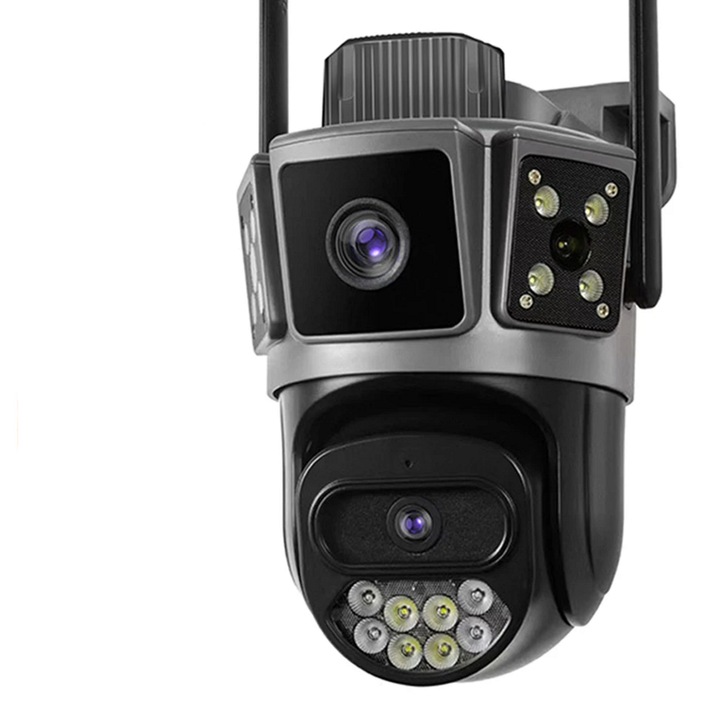 Camera Supraveghere Exterior LEDASSE® 12MP, Doua Lentile, PTZ 360°, Monitorizare Dubla, Vedere Nocturna Color, WiFi 2.4G/5G, AI Detectie Umana, Alarma Vocala, Audio 2-Moduri, IP66, Slot SD, Aplicatie Smart, Zoom 2.8–12mm