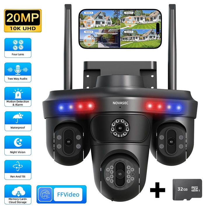 Камера за видеонаблюдение Novasec HomeShield, безжична, четворна, CCTV, 3 моторизирани камери, 20MP, Ultra HD, мащабиране, LED осветление, WiFi функция, PTZ, двупосочна комуникация, сензор за движение, нощно виждане, аларма, черна