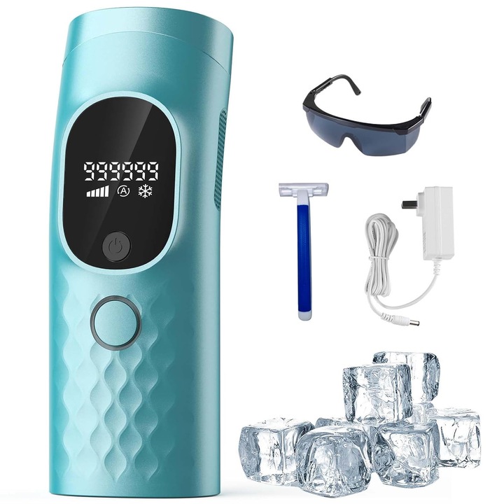 Epilator IPL, Lehnedar®, epilare definitiva fara durere, 999.999 impulsuri, 9 niveluri de intensitate, cu aparat de ras si ochelari de protectie, pentru barbati si femei, pentru fata, corp, axile, zona inghinala, senzor de piele, albastru