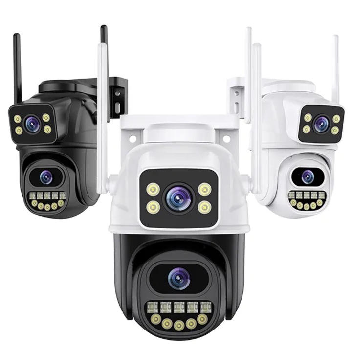 Камера за видеонаблюдение с два обектива, ICSee 6MP 4K, 5x увеличение, проследяване на хора, двупосочен звук, нощно виждане, водоустойчивост IP66, 2.4GHz Wi-Fi, съвместима с Android и iOS