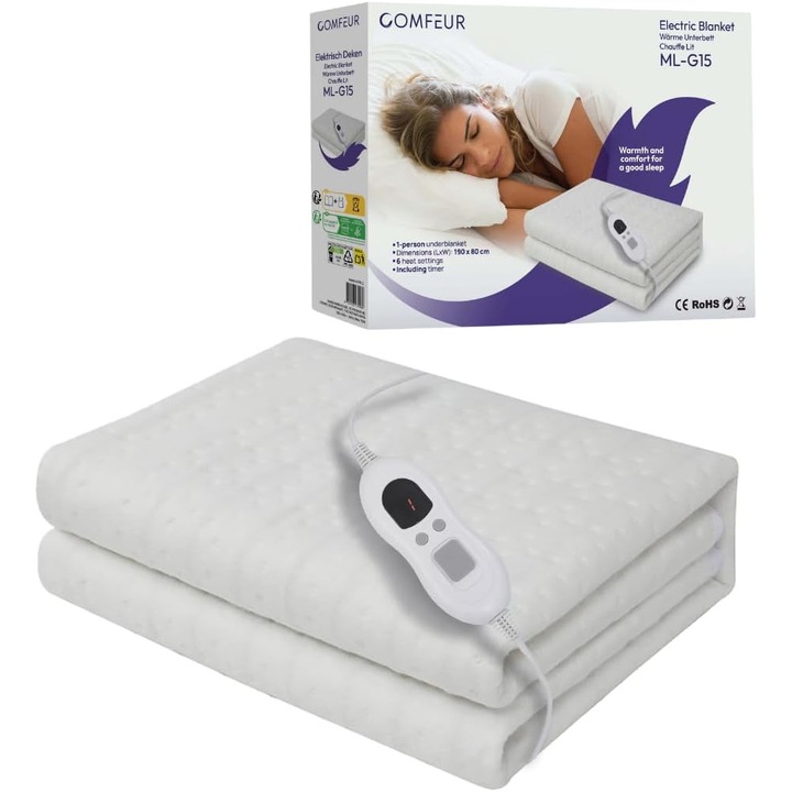Електрическо одеяло Recalma, 190 x 80 см, 6 температурни настройки, таймер и автоматично изключване, бързо нагряване, бял цвят