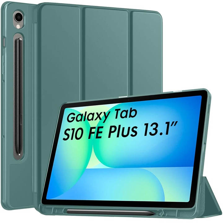 Husa pentru Samsung Galaxy Tab S10 FE+ Plus 13.1 inch Soft Shell cu functie wake-up/sleep si compartiment pentru stylus tip stand - Verde