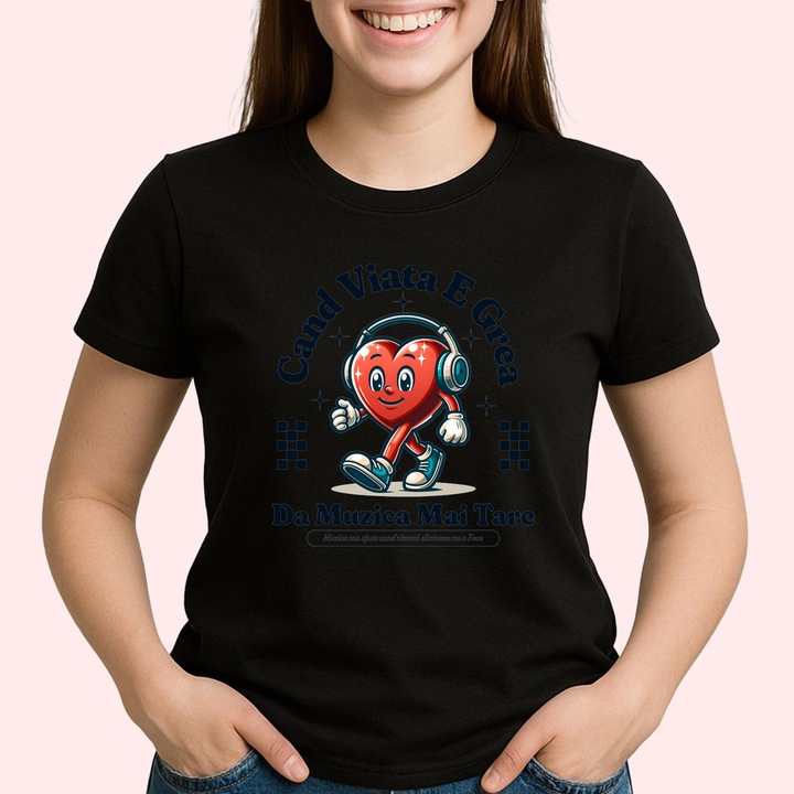 Tricou Cand Viata E grea da muzica tare, Dama, 100% bumbac, Cri-Flo, Culoare Negru, Marime 2XL