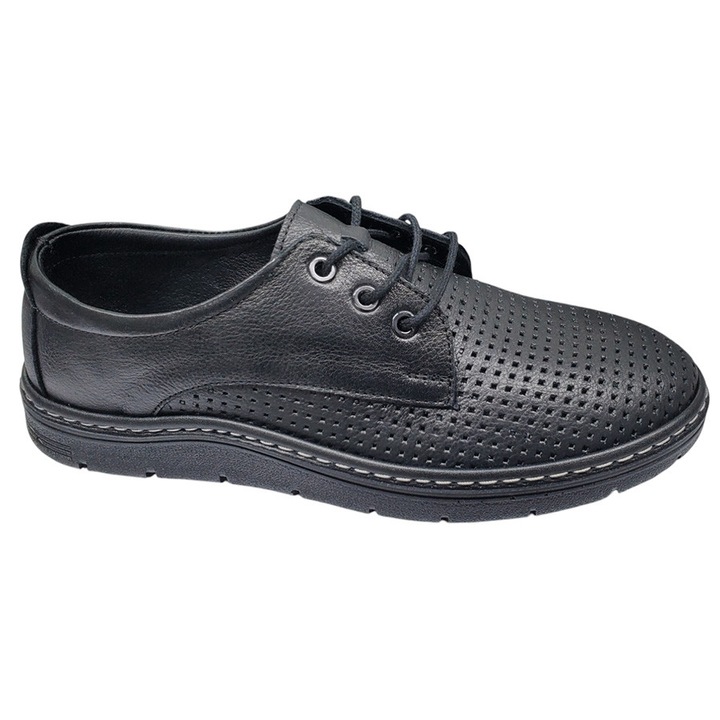 Pantofi Barbati Lati negri Din Piele Naturala Perforata, Model De Vara Confortabil Cu Talpa Cusuta Din Poliuretan, Ideal Pentru Tinute Casual Sau Office, Numar 45