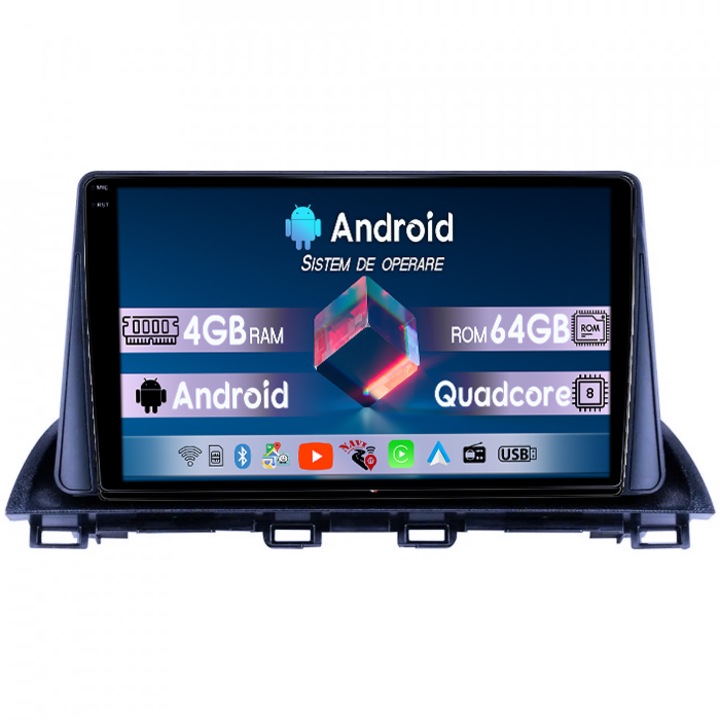 Navigatie dedicata Mazda 3 2013-2019, 4GB RAM 64GB ROM, Quadcore, Android 14, Display QLED 1K, 9", DSP, Carplay&Android Auto, Suport camere AHD