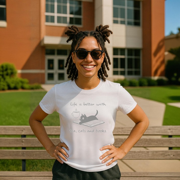 Tricou Ceai pisica carte, Dama, 100% bumbac, Cri-Flo, Culoare Alb, Marime M