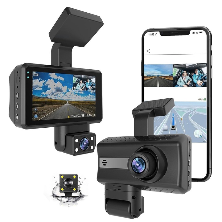 Camera Auto de Bord DVR, Full HD 1080p, Ecran 4", Camp Vizual Ultra-Larg De 170°, Inregistrare Continua, Inregistrare in bucla, Rotitie la 360°, Inregistrare dubla in fata masinii, Parcare de monitorizare, Starlight Viziune Nocturna, OUYLAF, negru