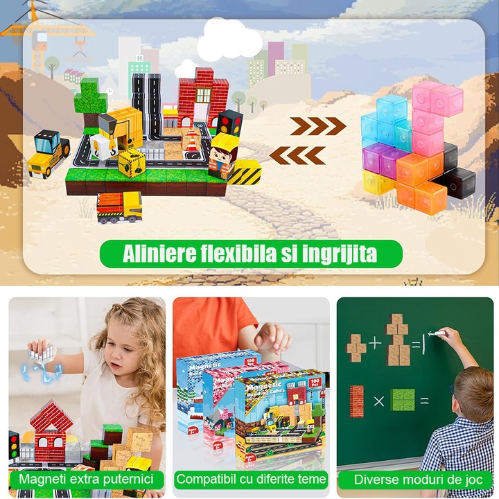 Set de 100 de blocuri de constructie magnetice, jucarie interactiva pentru copii, Fudisenn, constructor, colorat, activitate senzoriala, multe posibilitati creative de constructie, pentru copii cu varsta cuprinsa intre 3 si 8 ani, multicolor