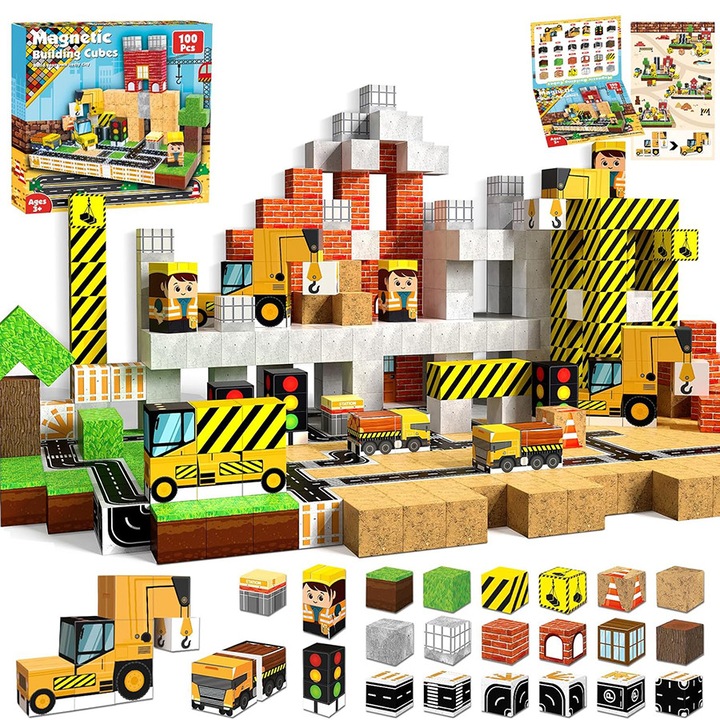 Set de 100 de blocuri de constructie magnetice, jucarie interactiva pentru copii, Fudisenn, constructor, colorat, activitate senzoriala, multe posibilitati creative de constructie, pentru copii cu varsta cuprinsa intre 3 si 8 ani, multicolor