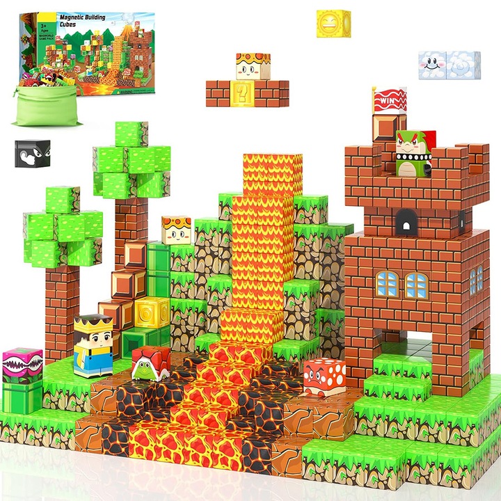 Set de blocuri de constructie magnetice cu 60 de piese, jucarie interactiva pentru copii, Fudisenn, Regatul Pierdut, culori vii, activitate senzoriala, multe posibilitati creative de constructie, pentru varste 3-8 ani, multicolor