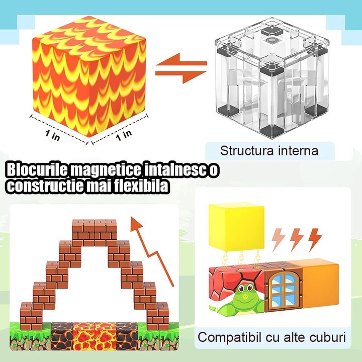 Set de blocuri de constructie magnetice cu 60 de piese, jucarie interactiva pentru copii, Fudisenn, Regatul Pierdut, culori vii, activitate senzoriala, multe posibilitati creative de constructie, pentru varste 3-8 ani, multicolor