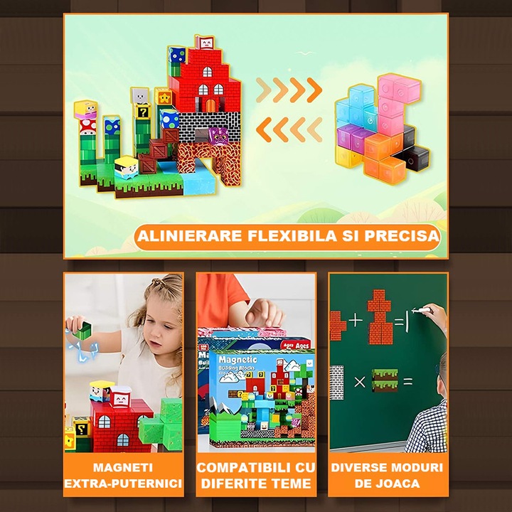 Set de blocuri de constructie magnetice, 150 de piese, jucarie interactiva pentru copii, Fudisenn, castel de joaca, culori stralucitoare, activitate senzoriala, multe posibilitati creative de constructie, 3 pana la 8 ani, multicolor