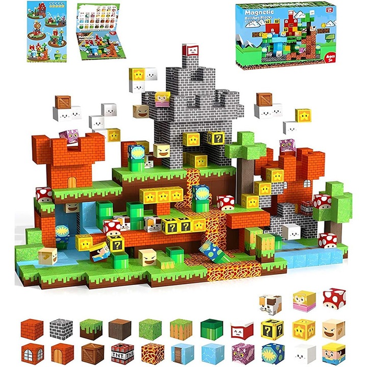 Set de blocuri de constructie magnetice, 150 de piese, jucarie interactiva pentru copii, Fudisenn, castel de joaca, culori stralucitoare, activitate senzoriala, multe posibilitati creative de constructie, 3 pana la 8 ani, multicolor