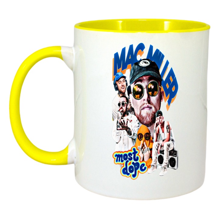 Cana Mac Miller - Most Dope stil colaj, Cri-Flo, Ceramica, 330ml. Maner si interior Galben