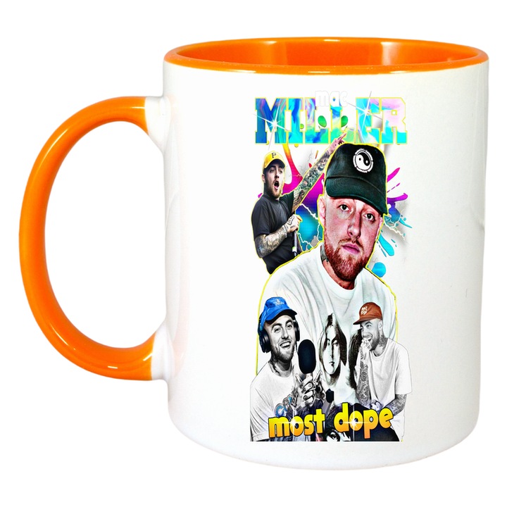 Cana Mac Miller - Tricou alb, fundal colorat, Cri-Flo, Ceramica, 330ml. Maner si interior Portocaliu