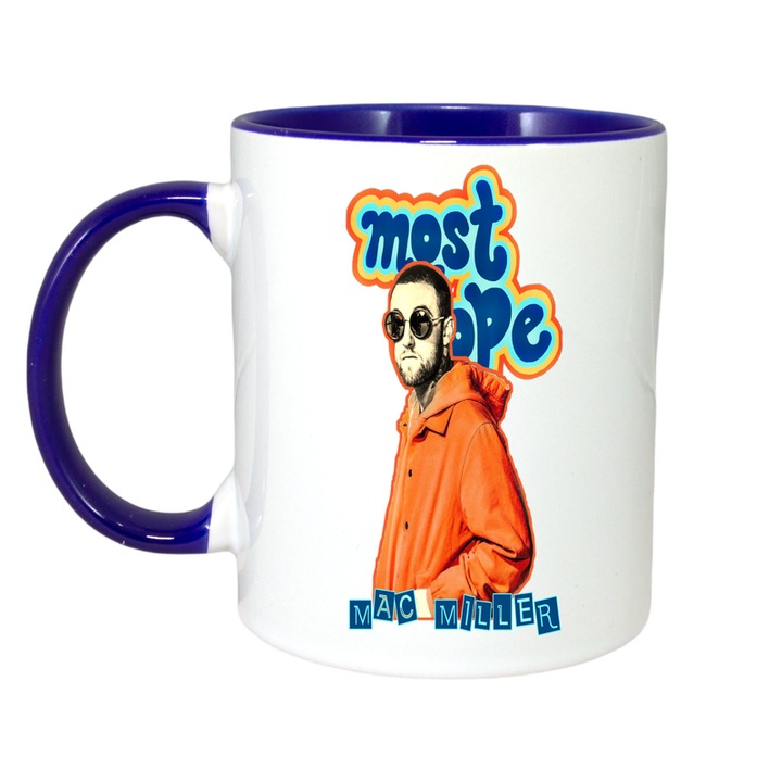 Cana Mac Miller - 'most dope' in hanorac portocaliu, stil retro cartoon, Cri-Flo, Ceramica, 330ml. Maner si interior Albastru