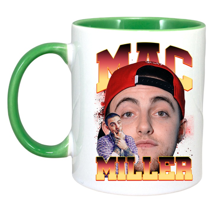 Cana Mac Miller - Sapca rosie, fata frontala, Cri-Flo, Ceramica, 330ml. Maner si interior Verde